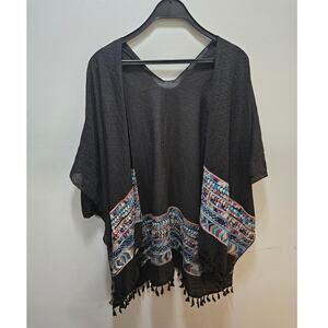 Raj Black Embroidered Boho Poncho Wrap One Size Fringe Kimono
